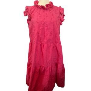 Boutique Hot Pink Eyelet Ruffle Dress, 100% Cotton, Made In USA, Size Small